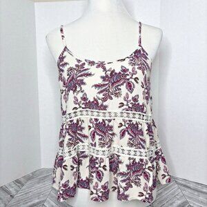 Love & Piece Wine  and White Smocked Cropped Tank Spaghetti Strap Lace BOHO EUC